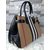 Large check fabric leather trim tote bag