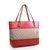 Red leather trim fabric tote