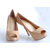 Beige Patent Leather Peep Toe Platform Pump