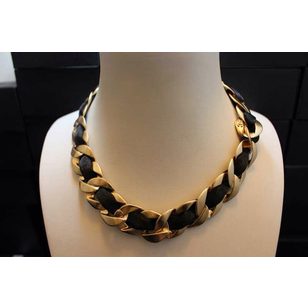 Golden finish big chain with black ribbon necklace