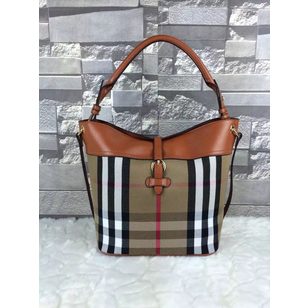 Large check fabric leather trim hobo shoulder bag