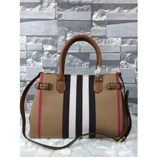 Large check fabric leather trim tote bag