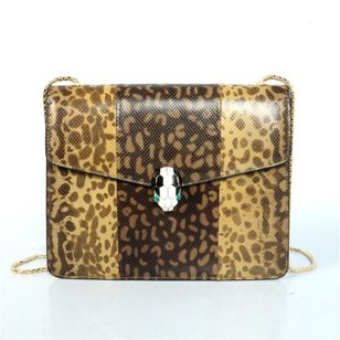 Yellow Leopard Print Leather Serpenti Snake Closure Medium Bag