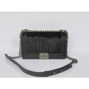 Black leather & calf hair flap bag