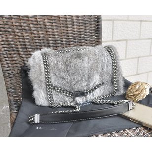 Grey fur flap bag