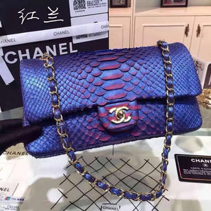 Blue with red real python leather flap bag