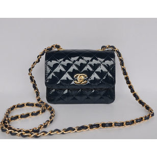 Blue Patent Leather Turn Lock Chain Shoulder Bag