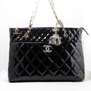 Black Patent Leather Chain Tote with Charm