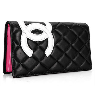 White Double C Logo Black Lambskin Leather Wallet