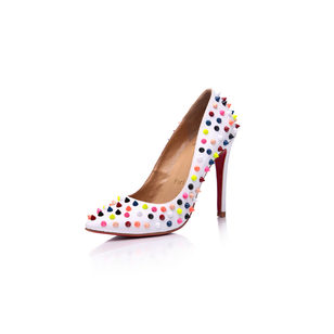 White patent leather multiple color rivet pump