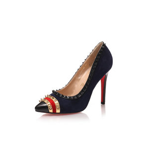 Dark blue suede leather rivet pointed head pump