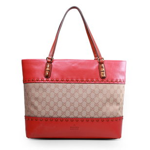 Red leather trim fabric tote