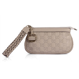 Beige GG Embossed Leather Clutch with Woven Wristlet