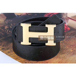 Gold Metal H Black&Black ostrich Belt