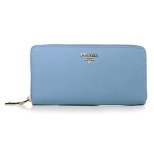 Light Blue Saffiano Leather Zipper Long Wallet