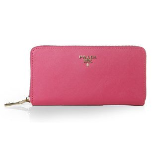 Fuschia Saffiano Leather Zipper Long Wallet