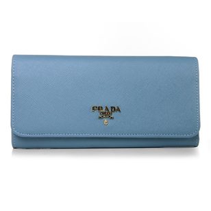 Blue Saffiano Leather Button Flap Closure Wallet