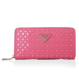 Fuschia Saffiano Leather Cutout Zipper Closure Wallet