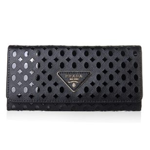 Black Saffiano Leather Cutout Button Flap Closure Wallet