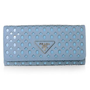 Light Blue Saffiano Leather Cutout Button Flap Closure Wallet