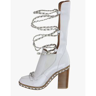 White patent leather metal chain tieback long boots