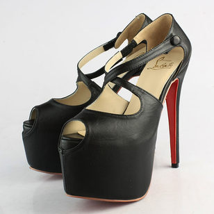 Black Lamb Leather Cross Strap Platform Pump Peep Toe Sandal