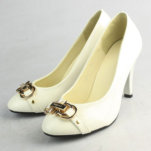 White Patent Leather Pump with Gold Hardware Logo