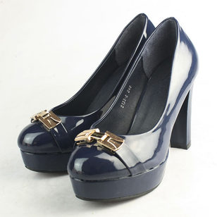 Blue Patent Leather Platform Pump with Metal Logo