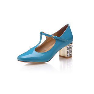 Blue Patent Leather T Shape Diamond Heel Mary Janes Pump