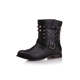 Black Leather Rivet Short Boots