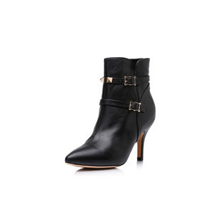 Black leather rivet buckle strap point head short boots