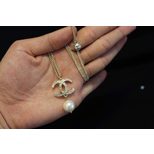 Chanel Rhinestone double C pearl pendant necklace