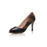 Fendi Black Patent Leather with Stripe Fabric Peep Toe Pump