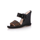 Fendi Fabric with Black Patent Leather Wedge Pump Slipper