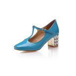 Prada Blue Patent Leather T Shape Diamond Heel Mary Janes Pump